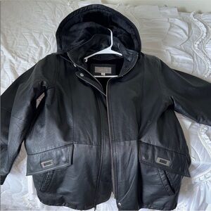 Croft & Barrow Large Black Hooded 100% Leather Jacket w/ Zip Out Lining